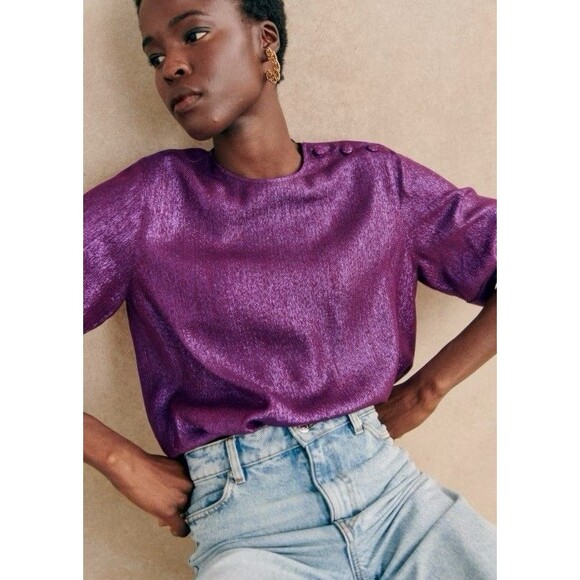 NWT Sezane Tiberio Size 4 36 Purple Violet Shimmer Sparkly Blouse Top New - Picture 1 of 12